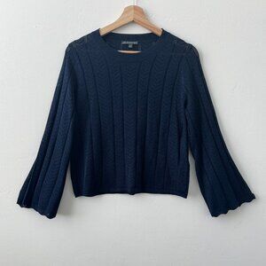 Adrianna Papell Navy Pointelle Bell Sleeve Knit Top Sz. S